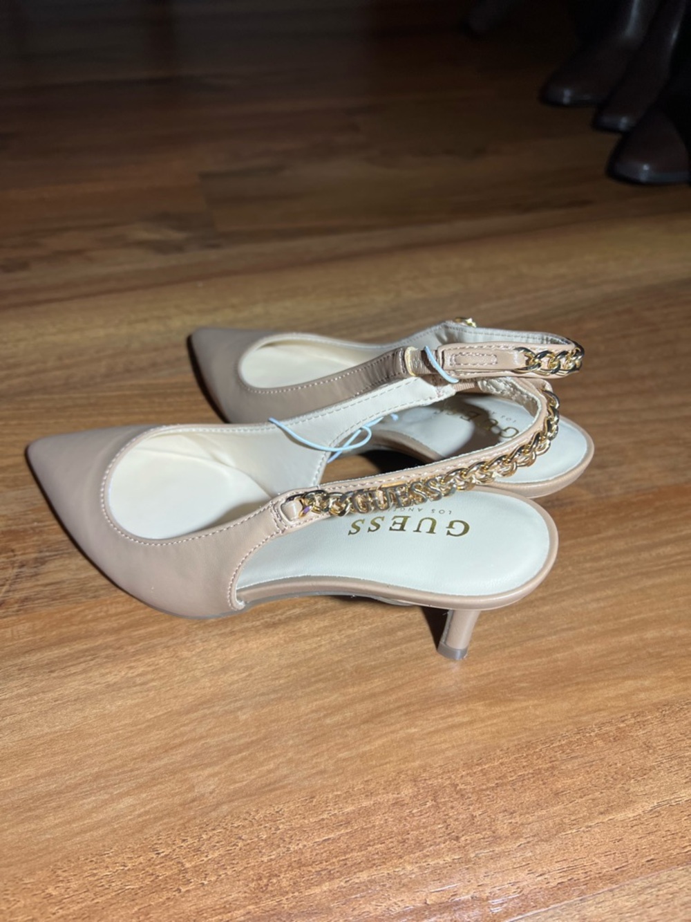 GUESS Beige Pointed-Toe Slingback Heels with Gold Chain Accent- Never Worn